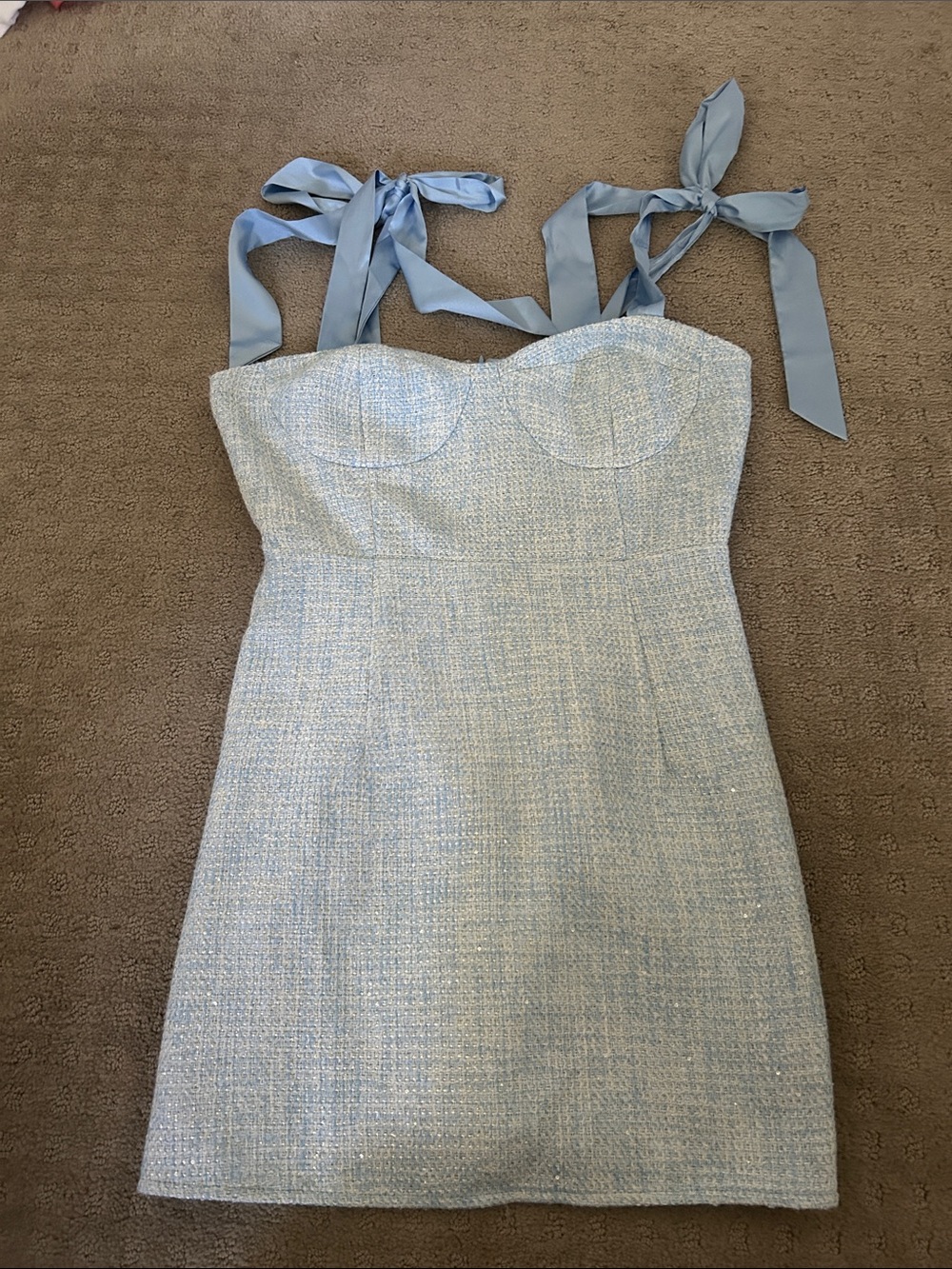 Light Blue Tie-Strap Tweed Mini Dress